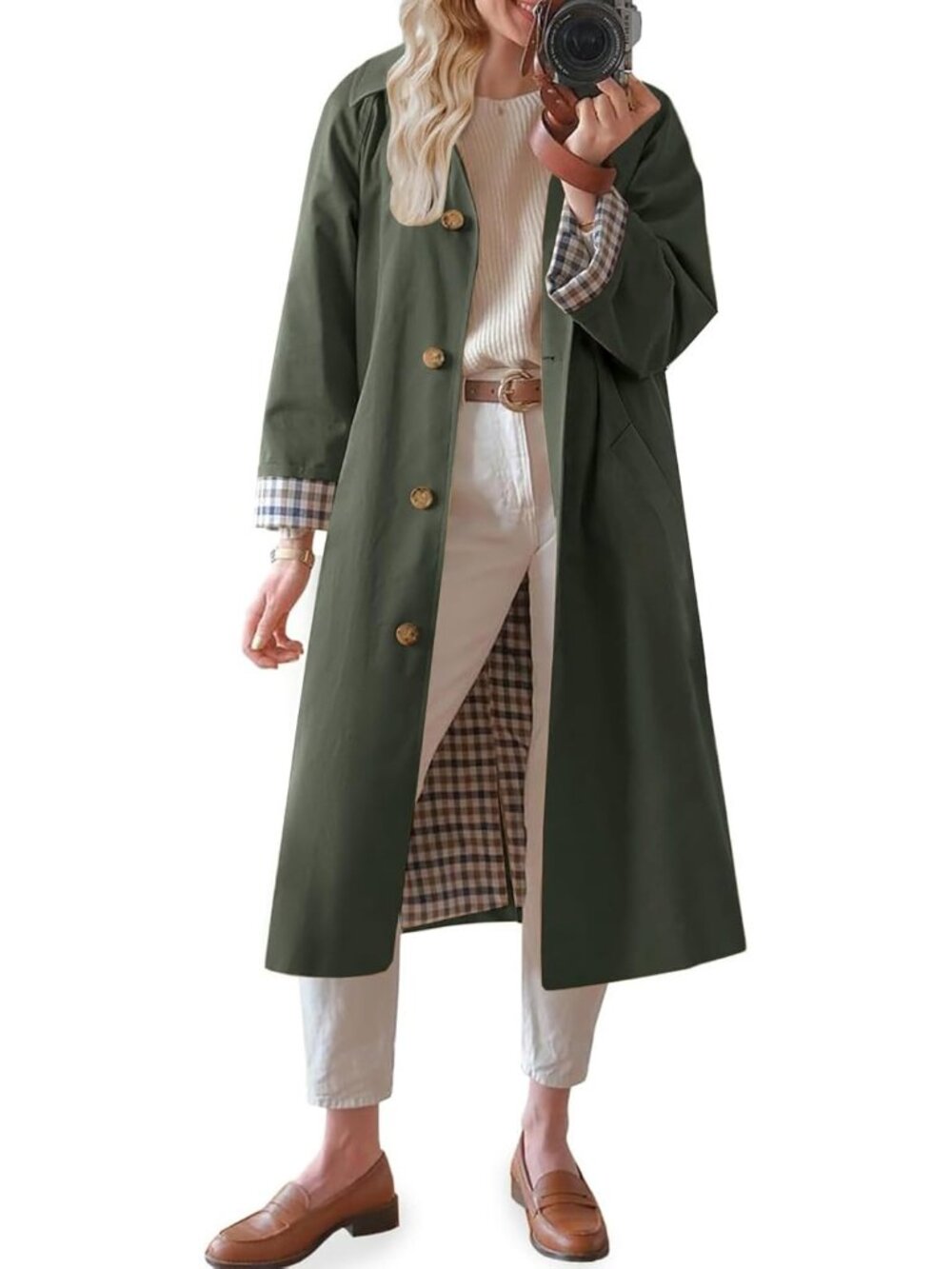 Women's Armygreen Trench Oversized Button Down Checkered Long Sleeve Single Coat